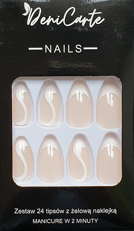 Накладні нігті білий французький манікюр із завитками, 24 шт. - Deni Carte Tipsy White French Swirl 9201 — фото N1