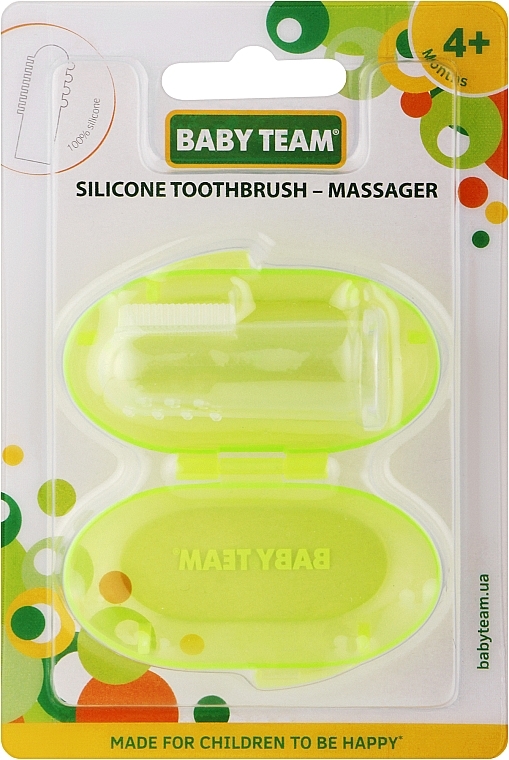Силиконовая зубная щетка-массажер с контейнером, 4мес+, салатовая - Baby Team — фото N1