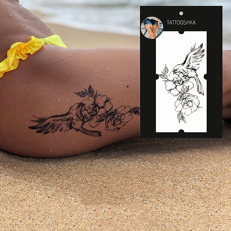 Временное тату "Цветы с птицей" - Tattooshka — фото N4