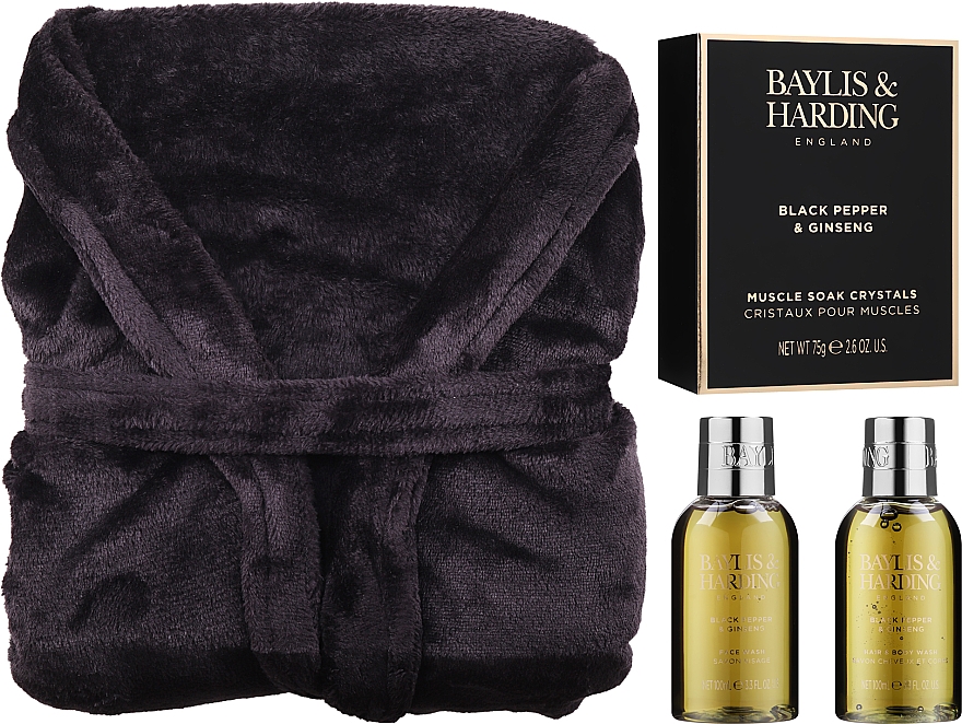 Набор - Baylis & Harding Black Pepper & Ginseng Signature Collection (sh/gel/100ml + f/wash/100ml + crystals/75g + bathrobe) — фото N2