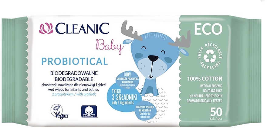Детские влажные салфетки, 50 шт - Cleanic Eco Baby Probiotical — фото N1