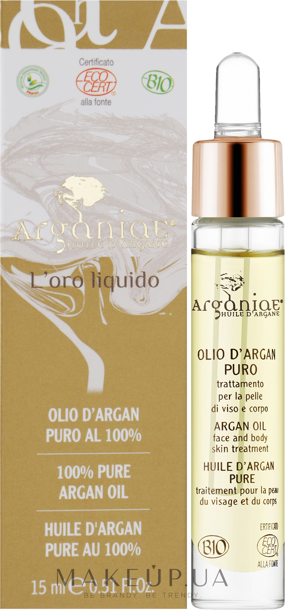 Чистое 100% органическое органовое масло с пипеткой - Arganiae L'oro Liquido — фото 15ml