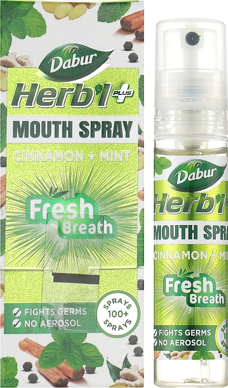 Спрей для порожнини рота - Dabur Herb'l Plus Fresh Breath Cinnamon+Mint Mouth Spray — фото N2