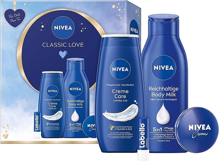 Набор - NIVEA Classic Love Gift Set (sh/gel/250ml + b/milk/400ml + lip/balm/5,5ml + f/cr/30ml) — фото N1