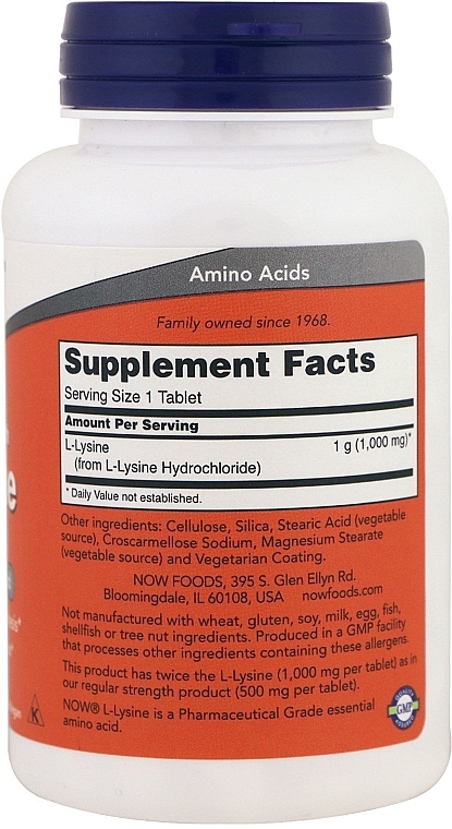 Аминокислота "L-Лизин", 1000 мг - Now Foods L-Lysine Tablets — фото N2