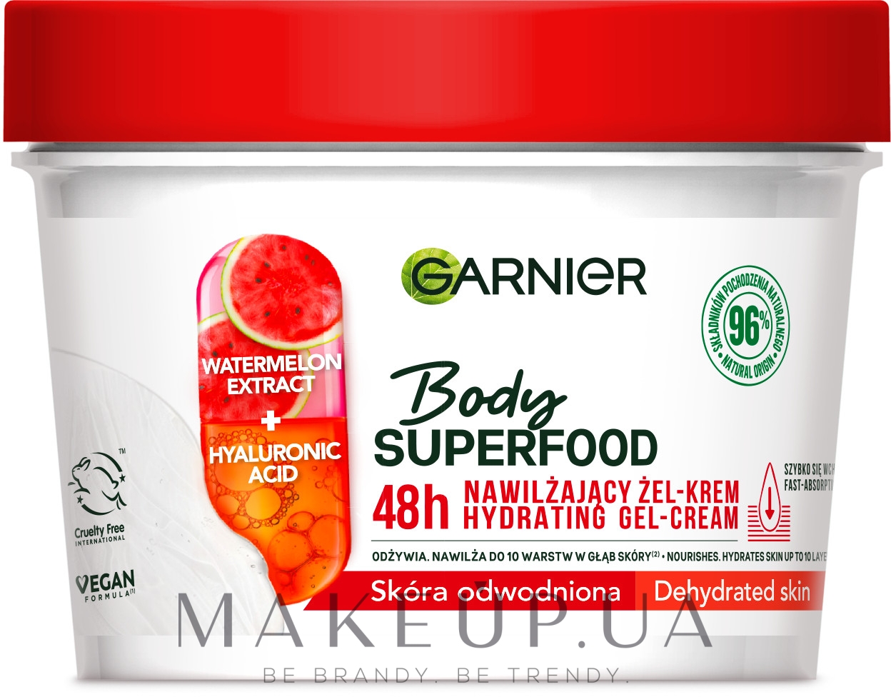 Зволожуючий гель-крем для зневодненої шкіри тіла - Garnier Body SuperFood Watermelon & Hyaluronic Acid Hydrating Gel-Cream — фото 380ml