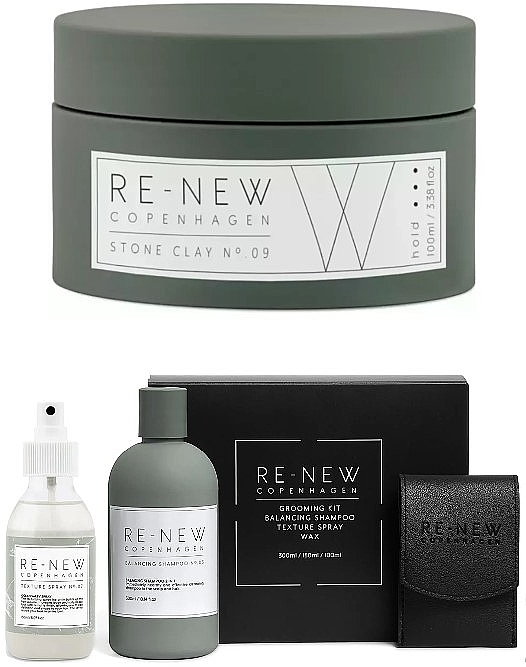 Набор, 4 продукта - Re-New Copenhagen Essential Grooming Kit (Balancing Shampoo №05 + Texture Spray №07 + Stone Clay №09) — фото N1