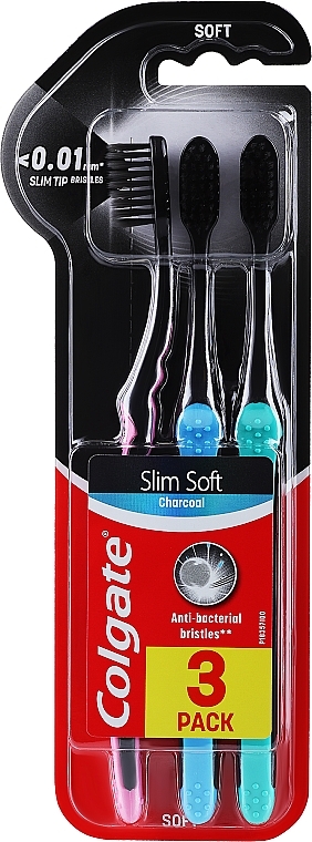 Зубні щітки ультрам'які, рожева + блакитна + бірюзова - Colgate Slim Soft Charcoal Ultra Soft — фото N1