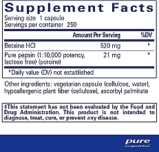 Диетическая добавка "Бетаина гидрохлорид + пепсин" - Pure Encapsulations Betaine HCL/Pepsin — фото N2