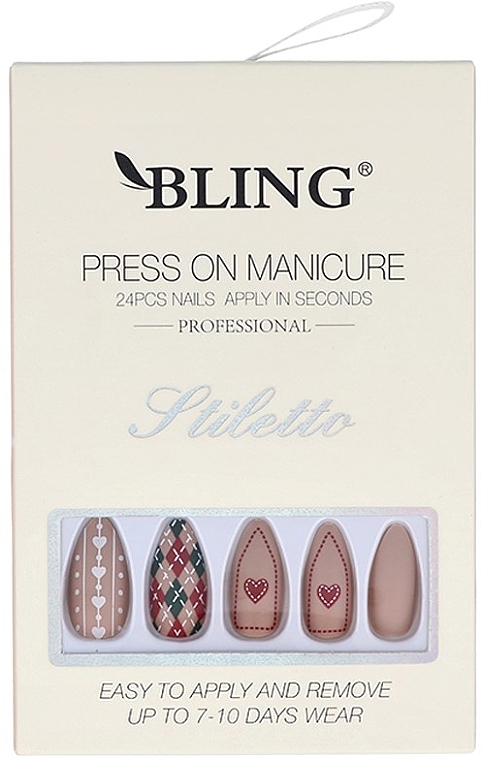 Накладні нігті "Stiletto", рожеві з принтом - Bling Press On Manicure — фото N1