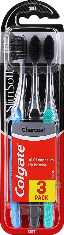 Зубні щітки м'які, синя + чорна + бірюзова - Colgate Slim Soft Charcoal — фото N1