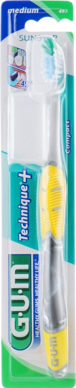 Зубна щітка "Technique+", середньої жорсткості, жовта - G.U.M Medium Compact Toothbrush — фото N1