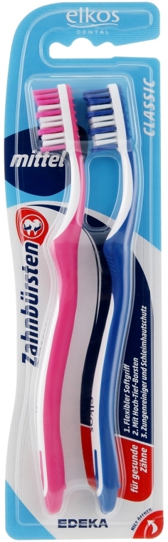 Зубная щетка средней жесткости "Classic", розовая + синяя - Elkos Dental