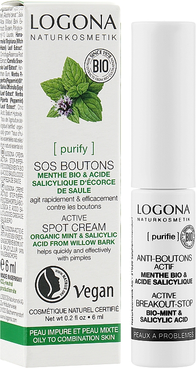 Біозасіб антибактеріальний для обличчя "М'ята і саліцилова кислота з кори верби" - Logona Sos Boutons Active Spot Cream