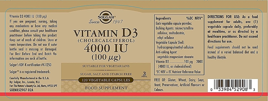 Добавка харчова "Вітамін D3", 100 мкг              - Solgar Vitamin D3 4000 IU — фото N3