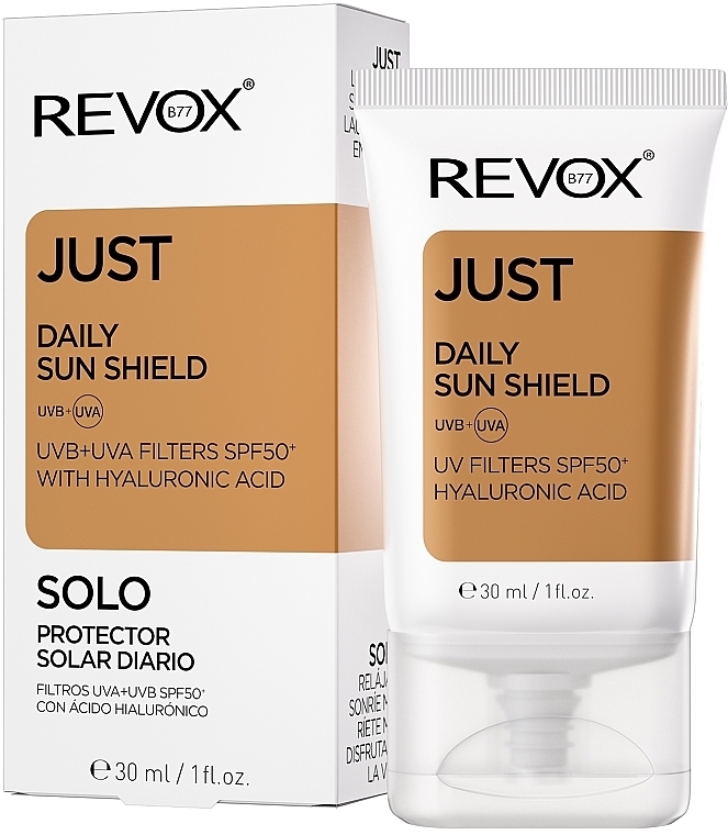 Сонцезахисний крем для обличчя з SPF 50+ та гіалуроновою кислотою - Revox B77 Just Daily Sun Shield UVA+UVB Filters SPF50+ With Hyaluronic Acid — фото N2