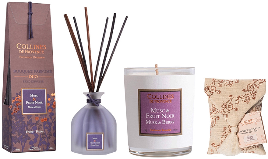 Набор - Collines De Provence Musk And Berry (candle/75g + aroma/diffuser/100ml + sachet/1st) — фото N1