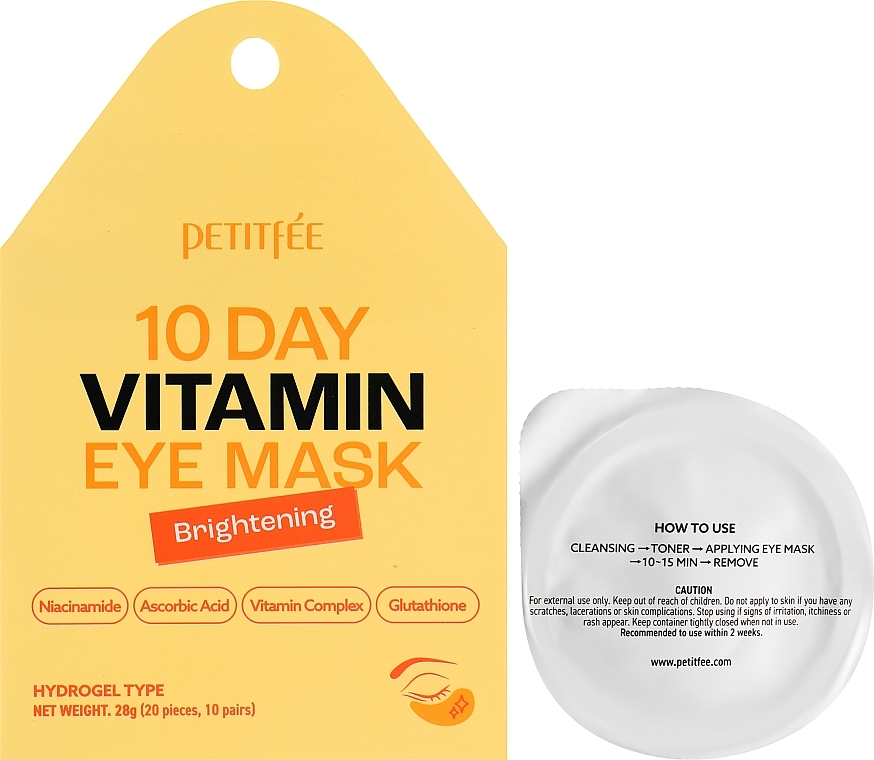 Гидрогелевые патчи для области вокруг глаз "Осветляющие" - Petitfee 10 Days Vitamin Eye Mask 