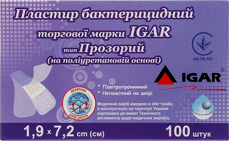 Пластырь бактерицидный "Прозрачный на полиуретановой основе", 1.9х7.2 см, 100шт - Igar — фото N1