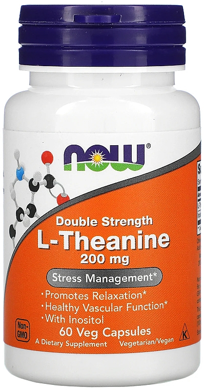 Пищевая добавка "L-теанин", 200 мг - Now Foods L-Theanine Double Strength Veg Capsules — фото N1