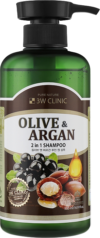 Шампунь для поврежденных волос с аргановым маслом и маслом оливы - 3W Clinic Plive & Argan 2 In 1 Shampoo  — фото N3
