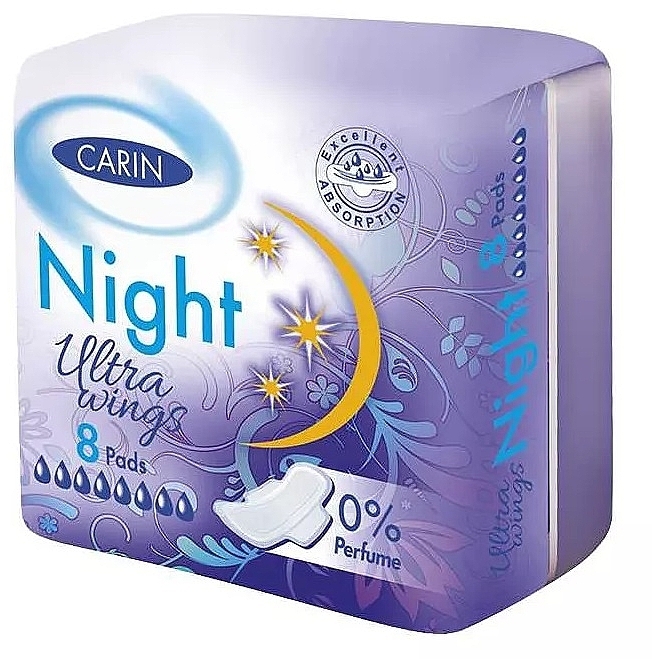 Гігієнічні прокладки,  8 шт. - Carin Ultra Wings Night 0% Perfume — фото N1