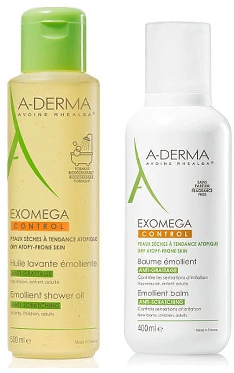 Набор - A-Derma Exomega Control Emollient Cream Anti-Irritation Set (sh/gel/500ml + b/balm/400ml) — фото N1