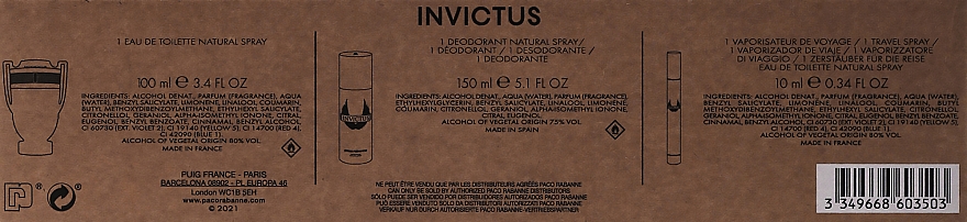 Paco Rabanne Invictus - Набір (edt/100ml + deo/150ml+ edt/10ml) — фото N3