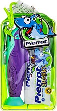 Парфумерія, косметика Набір дитячий "Акула", салатовий + бірюзово-фіолетова акула + салатовий чохол - Pierrot Kids Sharky Dental Kit (tbrsh/1шт. + tgel/25ml + press/1шт.)