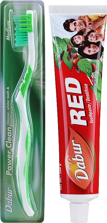 Набор с зеленой щеткой - Dabur Red (toothbrush/1pc + toothpaste/200g) — фото N1