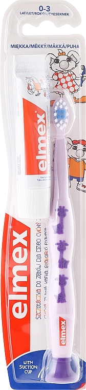 Детская зубная щетка мягкая (0-3 лет), сиреневая с жирафом - Elmex Learn Toothbrush Soft + Toothpaste 12ml — фото N2