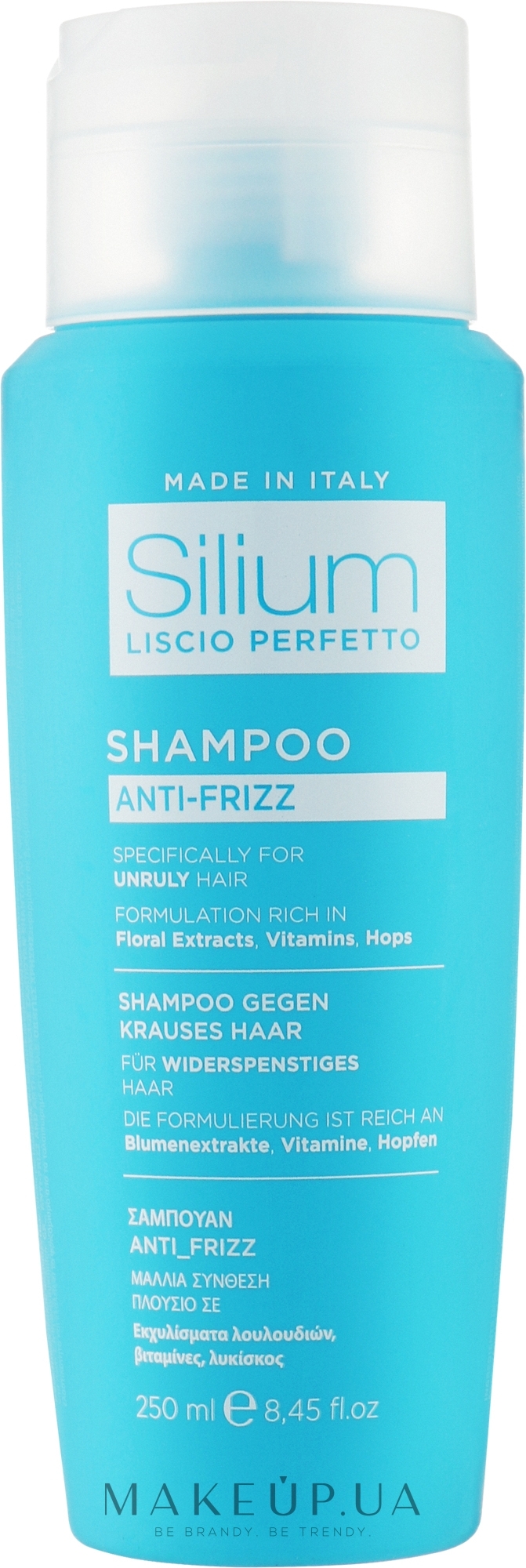 Шампунь для разглаживания и выпрямления волос с цветочными экстрактами, хмелем и витаминами А и Е - Silium Anti-Frizz Shampoo — фото 250ml