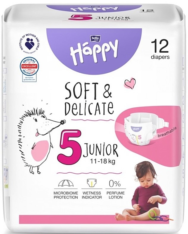 Детские подгузники 11-18 кг, размер 5 Junior, 12 шт - Bella Baby Happy Soft & Delicate — фото N1