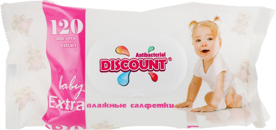 Салфетки влажные с экстрактом алоэ с клапаном для детей, 120 шт - Discount Extra — фото N1
