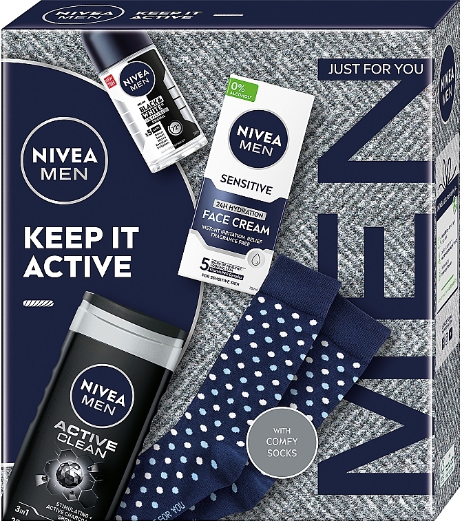 Набор - NIVEA MEN Keep It Active 2024 (f/cr/75ml + deo/50ml + sh/gel/250ml + socks/2pcs) — фото N1