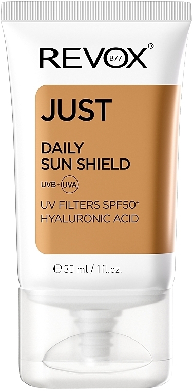 Солнцезащитный крем с SPF 50+ и гиалуроновой кислотой - Revox B77 Just Daily Sun Shield UVA+UVB Filters SPF50+ With Hyaluronic Acid