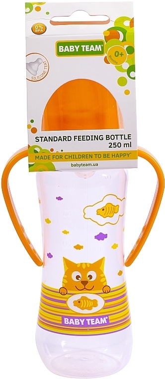 Бутылочка с ручками для кормления и силиконовой соской с 0 месяцев 250 мл, оранжевая - Baby Team  — фото N3