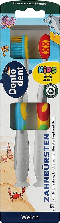 Детские зубные щетки, 2 шт., желто-голубая + красно-желтая - Dontodent Kids — фото N1