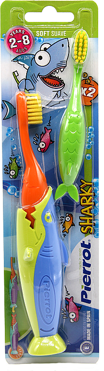 Дитяча зубна щітка "Акула № 2", помаранчева, салатова - Pierrot Kids Sharky Soft — фото N1