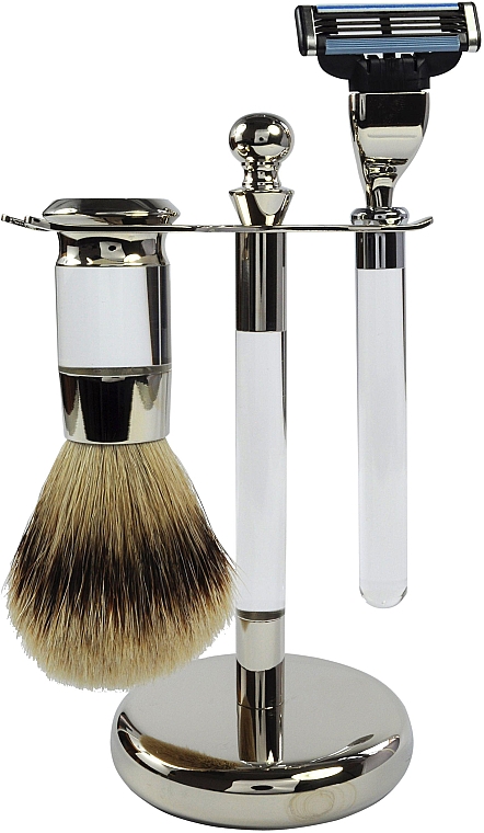 Набор для бритья - Golddachs Silver Tip Badger, Mach3 Metal Chrome Acrylic Silver Tip (sh/brush + razor + stand) — фото N1