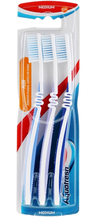 Набір зубних щіток середньої жорсткості, блакитна + бузкова + синя - Aquafresh Flex — фото N1