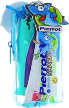 Набор детский "Акула", салатовый + фиолетовый + бирюзовый - Pierrot Kids Sharky Dental Kit (tbrsh/1шт. + tgel/25ml + press/1шт.) — фото N1