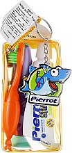 Набор детский "Акула", оранжевый + бирюзово-фиолетовая акула + желтый чехол - Pierrot Kids Sharky Dental Kit (tbrsh/1шт. + tgel/25ml + press/1шт.) — фото N1