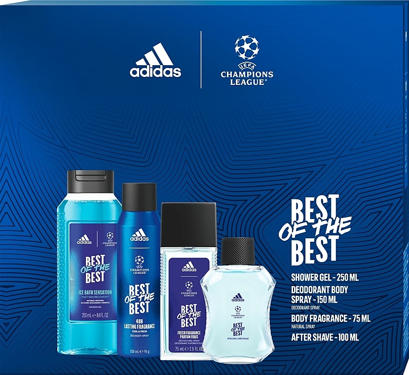 Adidas UEFA 9 Best Of The Best - Набір (aft/shave/100ml + deo/spray/150ml + body/fragr/75ml + sh/gel/250ml) — фото N1