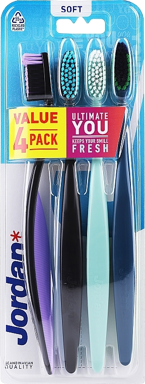 Зубна щітка м'яка, 4 шт., чорно-зелена + темно-синя + чорна - Jordan Ultimate You Soft Toothbrush — фото N1