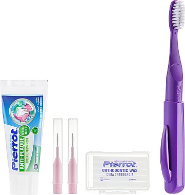 Набор дорожный ортодонтический, фиолетовый - Pierrot Orthodontic Dental Kit (tbrsh/1шт + tpst/25ml + brush/2шт + wax/1уп) — фото N2