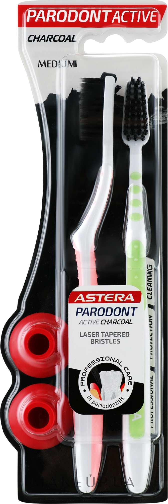 Зубна щітка з активованим вугіллям, середня, червона + блакитна - Astera Parodont Active Charcoal Medium Toothbrush 1 + 1  — фото 2шт