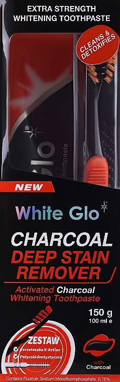 Набір з помаранчевою щіткою - White Glo Charcoal Deep Stain Remover Toothpaste (toothpaste/150ml + toothbrush) — фото N1