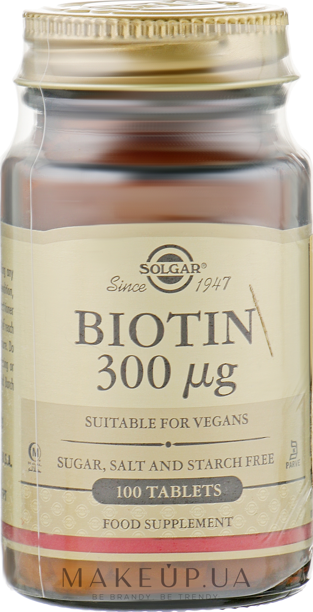 Пищевая добавка "Биотин" 300 мкг - Solgar — фото 100шт