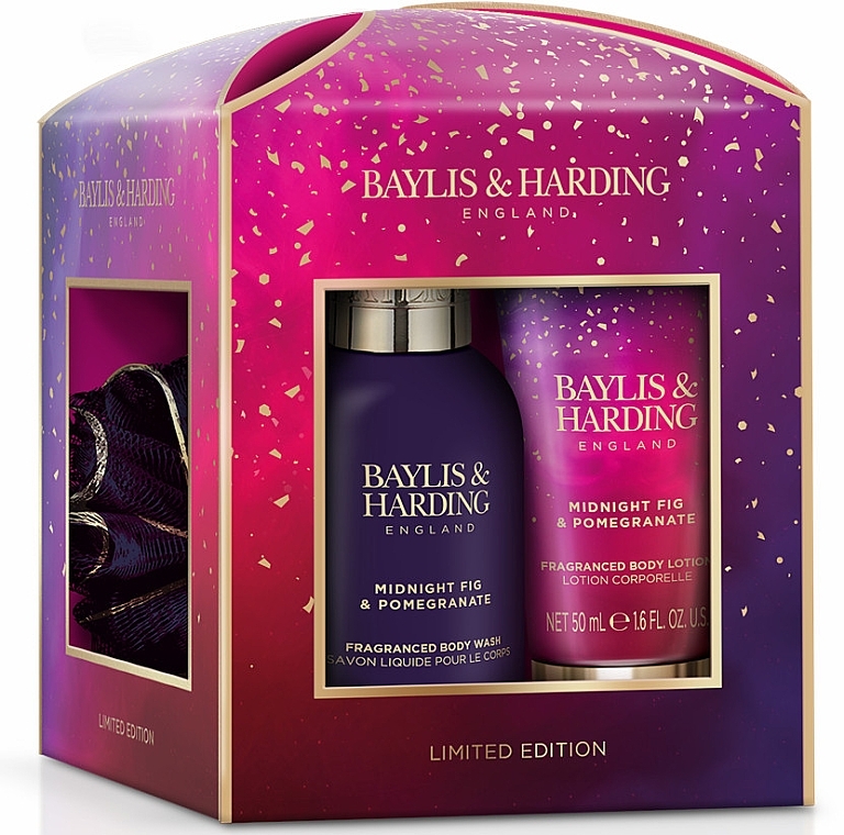 Набір - Baylis & Harding Midnight Fig & Pomegranate Luxury Essentials Treat Box Gift Set (sh/gel/100ml + b/lot/50ml + washcloth/1pcs) — фото N1